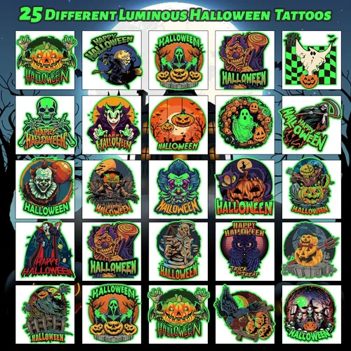 Vista 5 de winthrop 100 tatuajes temporales luminosos de Halloween para niños, envueltos individualmente que brillan en la oscuridad, tatuajes impermeables