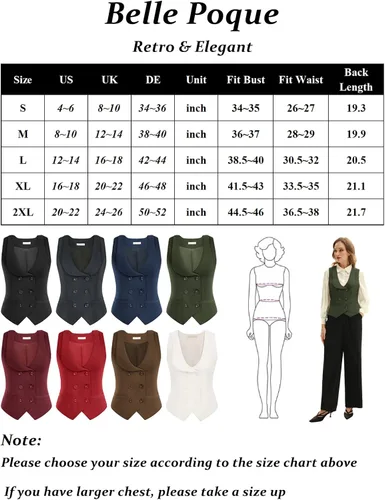 Vista 4 de Belle Poque Chaleco de doble botonadura para mujer, chaleco vintage con cuello de solapa y 2 bolsillos