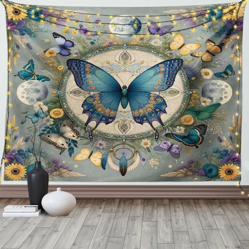 Vista 126 de Ambesonne Tapiz bohemio, diseño floral de bruja, luna y mariposa con adornos de mandala, decoración de tela para colgar en la pared para dormitorio