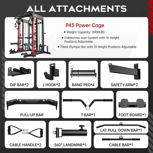 Vista 4 de pooboo Multi-Functional Machine Power Cage, 2000LB Squat Rack, LAT-Pull Down System, Dual Pulley Cable Crossover System, Home Gym Workout Machine