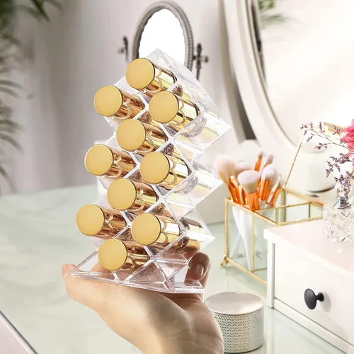 Vista 7 de Paquete de 3 soportes para lápices labiales, 30 espacios, acrílico, apilables, con forma de pez, soporte de exhibición de brillo de labios