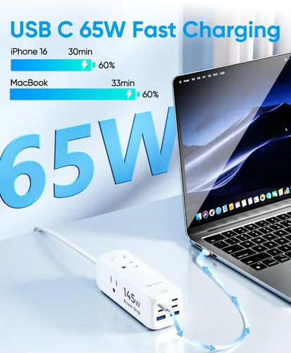 Vista 3 de Olcorife Tira de alimentación USB de 145W, cable de extensión de enchufe plano de 1.5 m con 3 tomas de CA y 6 puertos USB (4 USB C y 2 USB A)