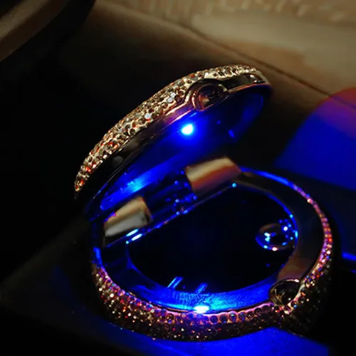 Vista 6 de BESULEN Cenicero de automóvil con brillos, cenicero portátil con tapa, soporte para taza cilíndrica sin humo con indicador de luz LED, accesorios