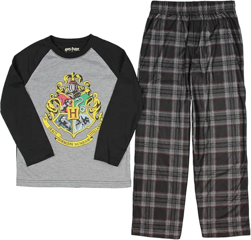Vista 2 de INTIMO Conjunto de pijama raglán de Harry Potter Hogwarts School Crest para niños grandes, Negro