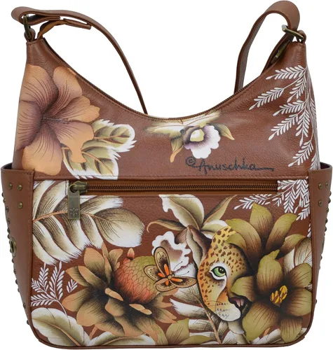 Vista 2 de Anuschka Bolso de hombro de cuero genuino para mujer, obra de arte original pintada a mano, hobo clásico con bolsillos laterales tachonados