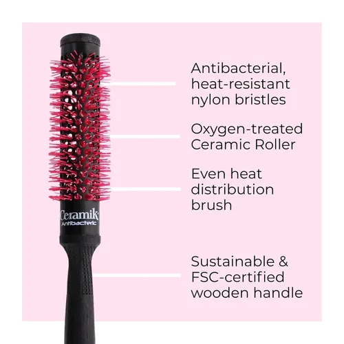 Vista 3 de TEK Cepillo redondo profesional de cerámica con barril tratado con oxígeno, mango de madera y cerdas naturales - Ideal para secar y peinar cabello