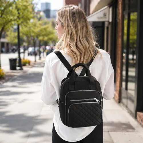 Vista 2 de Mochila pequeña para mujer, casual, acolchada, cuadrada, impermeable, con múltiples bolsillos, ligera, asa superior, Negro, Pequeño, Mochilas