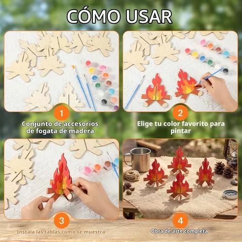 Vista 4 de DoubleFill Juego de 12 manualidades de madera para pintar rebanadas de madera sin terminar, forma de llamas, camping, manualidades, 3D, centro