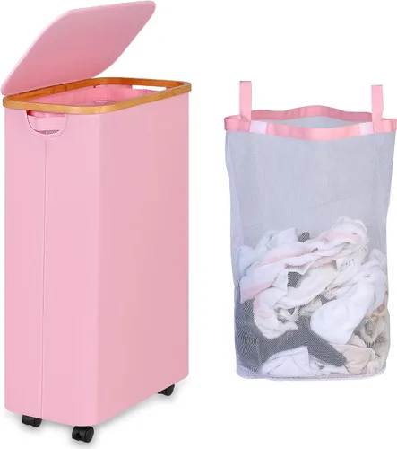 Vista 10 de iEGrow - Cesta de lavandería delgada de 65L, cesta de lavandería estrecha con tapa, cesta de ropa plegable con asas de bambú, cesta de lavandería