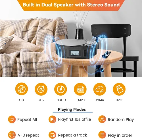 Vista 9 de MONODEAL Reproductor de CD portátil con 2 altavoces de 3 W, transmisor Bluetooth y altavoz 2 en 1, radio FM reproductor de CD combinado