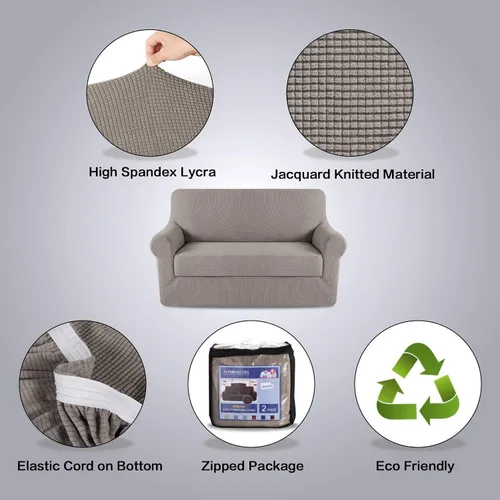 Vista 2 de H.VERSAILTEX Juego de 2 fundas elásticas para sofá biplaza de color gris pardo, de alta elasticidad, 2 piezas, tela jacquard de elastano, súper