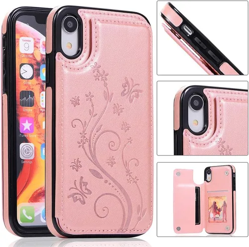 Vista 3 de Asuwish Funda para iPhone XR con protector de pantalla de vidrio templado, funda de cuero con soporte para tarjetas, doble cierre magnético y funda