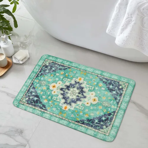 Vista 22 de Uphome Alfombra de baño vintage, azul, bohemio, antideslizante, oriental, suave, lavable a máquina, lindas alfombras de baño tribales florales