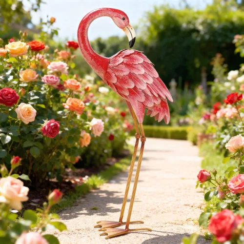 Vista 8 de Shorayn Estatuas de jardín, esculturas de flamenco, arte de metal para patio, arte de pájaro rosa, decoración de patio trasero al aire libre, patio