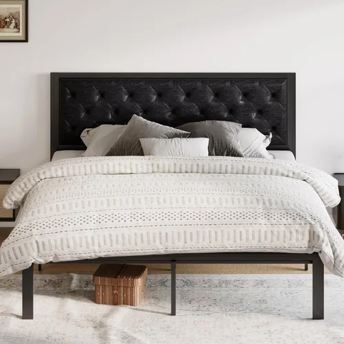 Vista 11 de Allewie Base de cama individual con cabecera tapizada de piel sintética, diseño elegante con costuras de diamante, no necesita somier, color negro