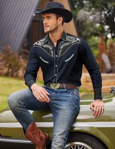 Vista 2 de COOFANDYMen'sWesternCowboyEmbroideredLongSleeveButtonDownShirts