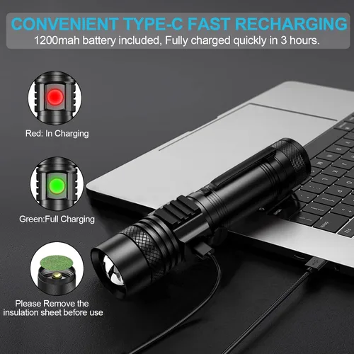 Vista 3 de Linterna recargable, linterna LED súper brillante con luz lateral COB, zoomable, impermeable, 4 modos, linterna táctica para camping, emergencia