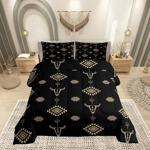 Vista 50 de Castle Fairy Juego de edredón con estampado azteca occidental, juego de ropa de cama geométrica a rayas marrones para niños y adolescentes