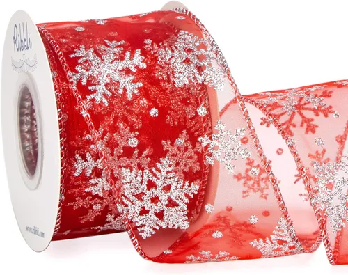 Vista 9 de Ribbli Cinta con alambre de purpurina de copo de nieve, organza dorada transparente con patrón de copo de nieve con purpurina dorada y borde