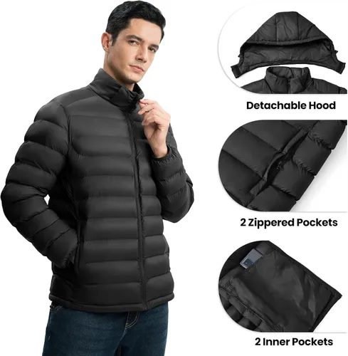 Vista 3 de YSENTO Men's Down Alternative Jackets Lightweight Water-Resistant Winter Insulated Puffer Coat Detachable Hood