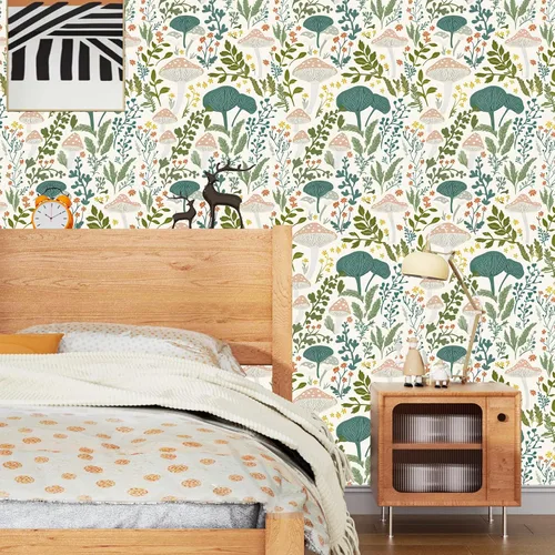 Vista 6 de Papel tapiz floral de hongos rosados para despegar y pegar, papel de contacto bohemio con hojas verdes claras, acuarela, colorido mural de pared