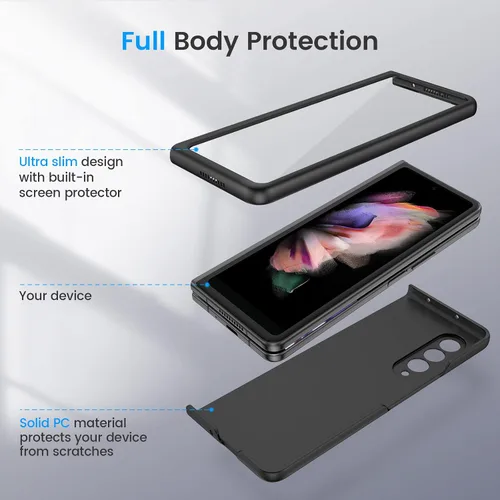 Vista 2 de Ruky para Galaxy Z Fold 3 Estuche de cuerpo completo, protector de pantalla incorporado, estuche protector ultradelgado de PC duro, antiarañazos, a