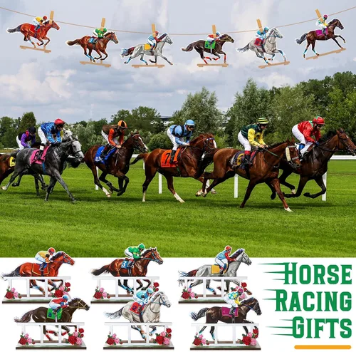 Vista 6 de Geetery 6 piezas de decoración Derby de caballos, centros de mesa de carreras de caballos, decoración de bandeja escalonada Derby de madera, juego