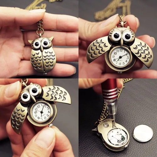 Vista 3 de Reloj de bolsillo vintage con diseño de búho volador, collar con colgante de suéter de cadena larga, para mujeres, hombres, niños y niñas, regalo