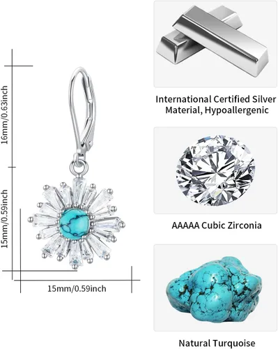 Vista 5 de BDL Genuine Turquoise Jewelry for Women, Sterling Silver Earrings and Necklaces for Women, Leverback Dangle Drop Earrings Jewelry