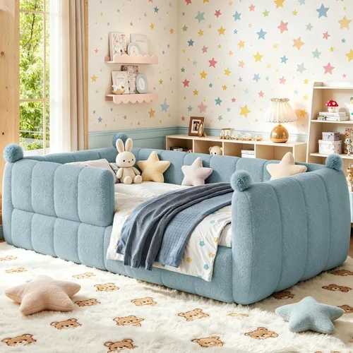 Vista 23 de Bellemave Cama Montessori tapizada de vellón de peluche de tamaño matrimonial con valla, marco de cama infantil de perfil bajo con barandillas