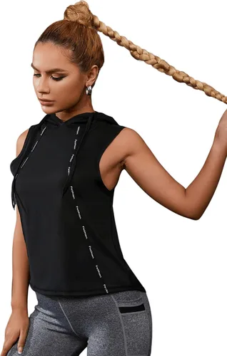 Vista 4 de SweatyRocks Camiseta sin mangas con capucha para mujer, con estampado de letras, de secado rápido