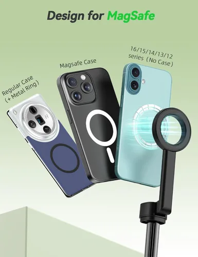 Vista 5 de Takerers Trípode magnético para selfie stick de 66 pulgadas para iPhone Magsafe, 360° de aluminio giratorio fuerte magnético para teléfono celular