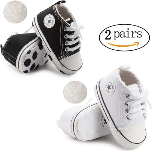 Vista 3 de KIDSUN - Zapatos deportivos unisex de caña alta para bebés, mezclilla de lona, suela antideslizante, suaves, para los primeros pasos
