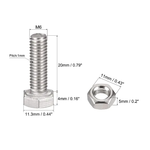 Vista 2 de uxcell Tornillos de cabeza hexagonal M6 x 0.787 in, tuercas, kits de arandelas planas y de bloqueo, pernos hexagonales de rosca completa de acero
