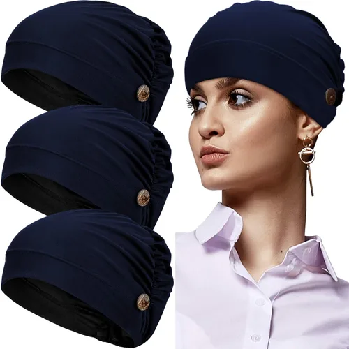 Vista 11 de Geyoga Gorras Bouffant con botones, unisex, elástica, turbante con botones para mujer, 3 piezas, Negro, Talla única