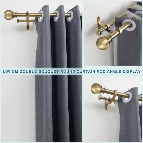 Vista 2 de Barras de cortina dobles con soportes de aluminio para ramo y remates redondos, barras de cortina de bronce antiguo para ventanas de 28 a 48