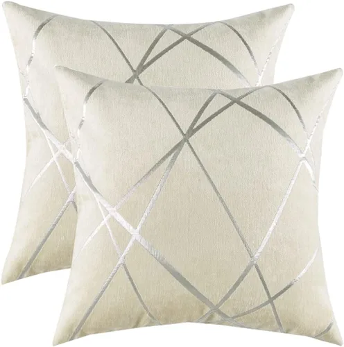 Vista 12 de GIGIZAZA - 2 paquetes de fundas de cojín de chenilla con rayas plateadas de jacquard para decoración de sofá
