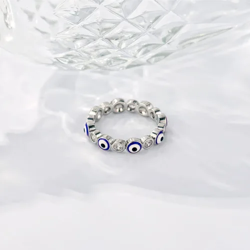 Vista 2 de Esbbela Anillo contra el mal de ojo para mujer, chapado en oro blanco de 18 quilates, banda de ojo turco con circonita cúbica, anillo de compromiso