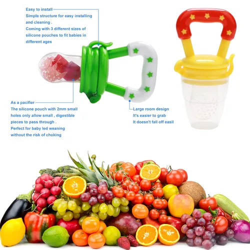Vista 5 de Comedero de alimentos para bebés (3 piezas) con 6 chupetes de silicona de diferentes tamaños, 2 cucharas dispensadoras de alimentos de silicona