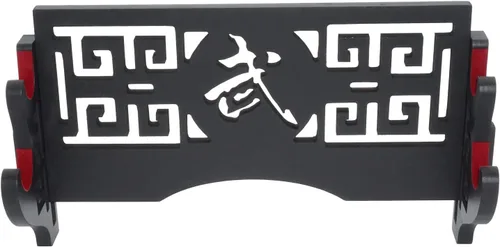 Vista 4 de Soporte de pared para espada de 2 niveles, soporte de exhibición Samurai con patrón hueco para Katana, Wakizashi y espadas estándar