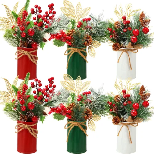 Vista 7 de Tioncy 6 Set Christmas Floral Table Centerpiece Bulk Bark Frosted Woodland Artificial Holly Red Berry Pine Cone Greenery Stems Picks Arrangement