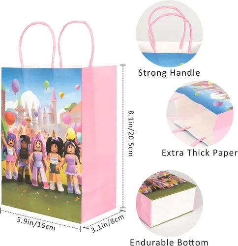 Vista 4 de Kauai Sun 16 bolsas de fiesta temática de juegos, cuatro diseños únicos, bolsas de regalo para niñas y niños, bloques para niños, suministros