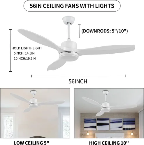 Vista 3 de Ventiladores de techo de 56 pulgadas con luces, ventilador de techo blanco moderno con control remoto, motor CC silencioso reversible, luz