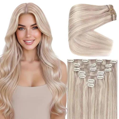 Vista 36 de Ve Sunny Extensiones de cabello clip-in de cabello humano real con reflejos, extensiones de cabello con clip para cabello corto, marrón oscuro