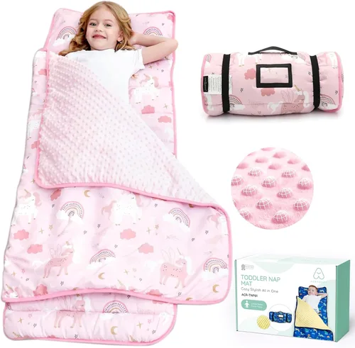 Vista 12 de ACRABROS Tapete para siesta para niños pequeños con almohada y manta, grandes alfombrillas enrolladas para siestas, bolsas de dormir para niños