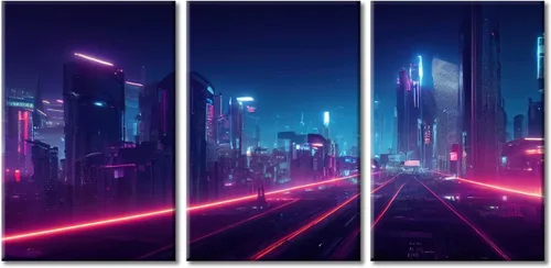 Vista 26 de Cuadros de 3 paneles de Cyberpunk City - Arte de pared de vallas publicitarias de edificios modernos en la capital con obras de arte modernas