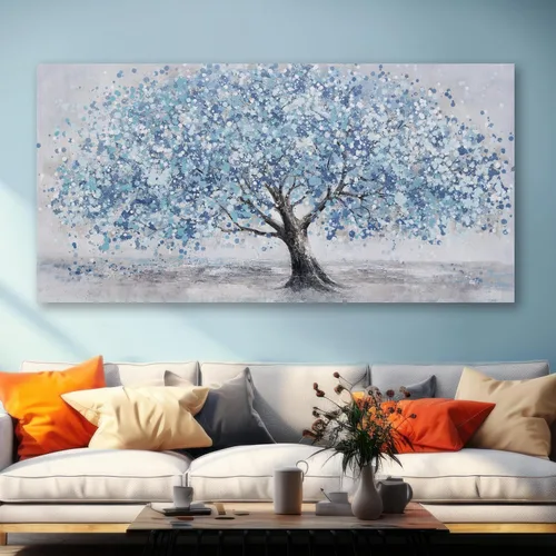Vista 2 de Arte de pared de árbol de la vida, cuadro de árbol azul, decoración de pared, obra de arte enmarcada, lienzo abstracto, pintura de la naturaleza