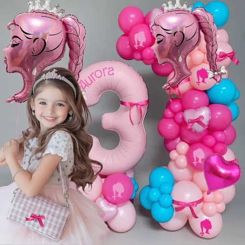 Vista 7 de 30 globos de papel de aluminio de princesa rosa intenso, globos de estrella de corazón rosa, cabeza de niña, kit de globos de látex