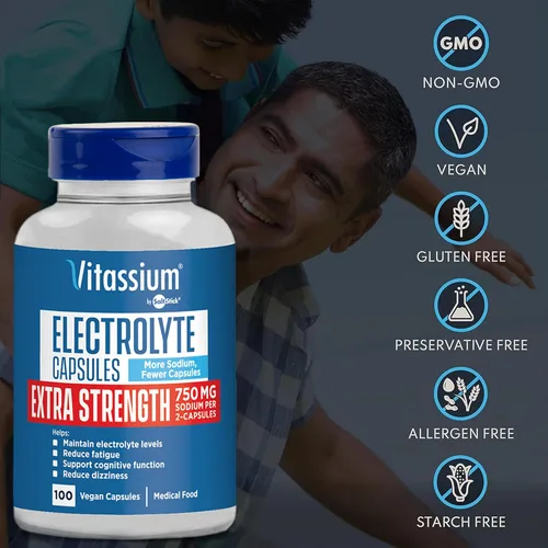 Vista 2 de Vitassium Cápsulas de Electrolitos de Fuerza Extra, 750mg de Sodio para el Manejo de POTS y Dietas Altas en Sodio, Sin Sabor, 100 Píldoras de Sal