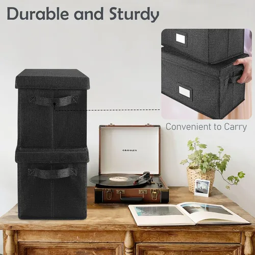 Vista 2 de Woodoulogy Caja de almacenamiento de discos de vinilo para LPs de 7 pulgadas/45 RPM, caja negra con tapa con capacidad para hasta 80 álbumes